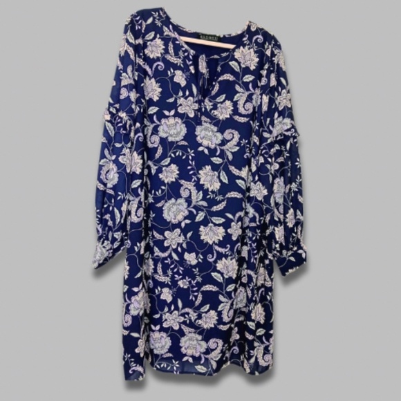Eloquii Shift Dress Long Sleeve Tie-Neck Keyhole Ruffled Floral Navy Blue W 22 - Picture 3 of 7